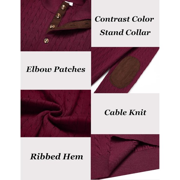 Men's Cable Knitted Pullover Sweater Long Sleeve Stand Collar Button Up Burgundy - Picture 6 of 6